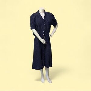 liz claiborne dress 14 Pokadot Navy Blue Retro Maximalist Classic Feminine Y2K